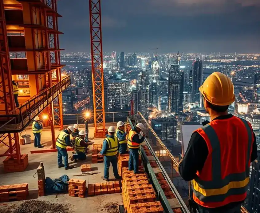 Workers at an industrial plant at night