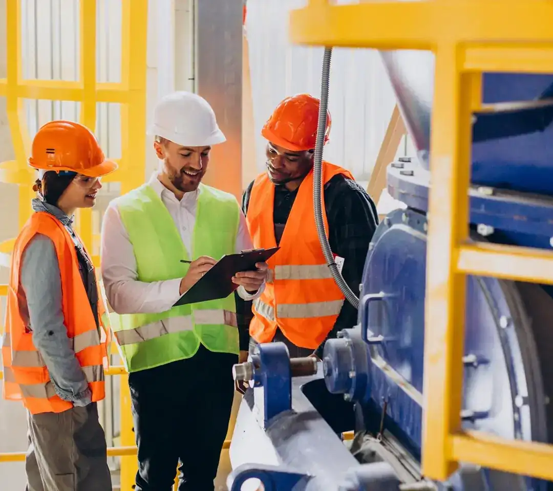 Construction workers in safety gear reviewing a checklist