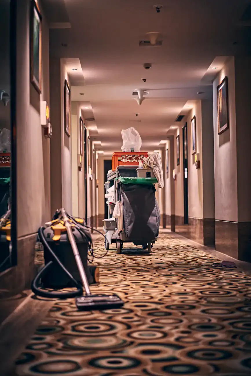 Housekeeping cart in a hotel corridor